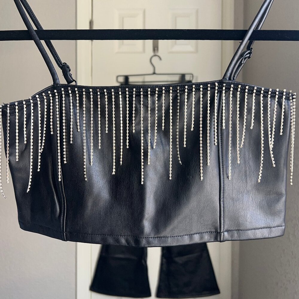 Miss Selfridge Faux Leather Diamante Fringe Bralette - Size 6